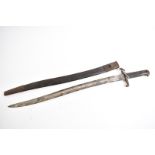 An 1856 pattern German marked Yataghan bayonet, complete with metal and leather scabbard