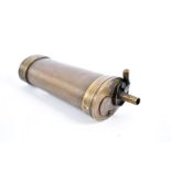 A vintage French brass and copper powder flask, the unmarked flash of oval cylindrical form, 15cm in