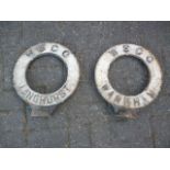 Original Finger Post Circular Village Name Signs, two cast iron WSCC pierced signs Langhurst and