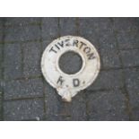 Original Finger Post Circular Town Name Sign, a cast iron pierced sign Tiverton R D , 32 cm in