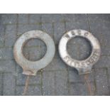 Original Finger Post Circular Village Name Signs, two cast iron WSCC pierced signs Danhill and