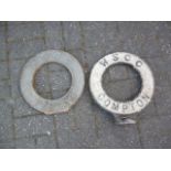Original Finger Post Circular Village Name Signs, two cast iron WSCC pierced signs Compton and