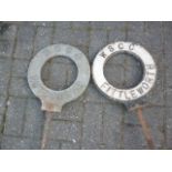 Original Finger Post Circular Village Name Signs, two cast iron WSCC pierced signs Fittleworth and