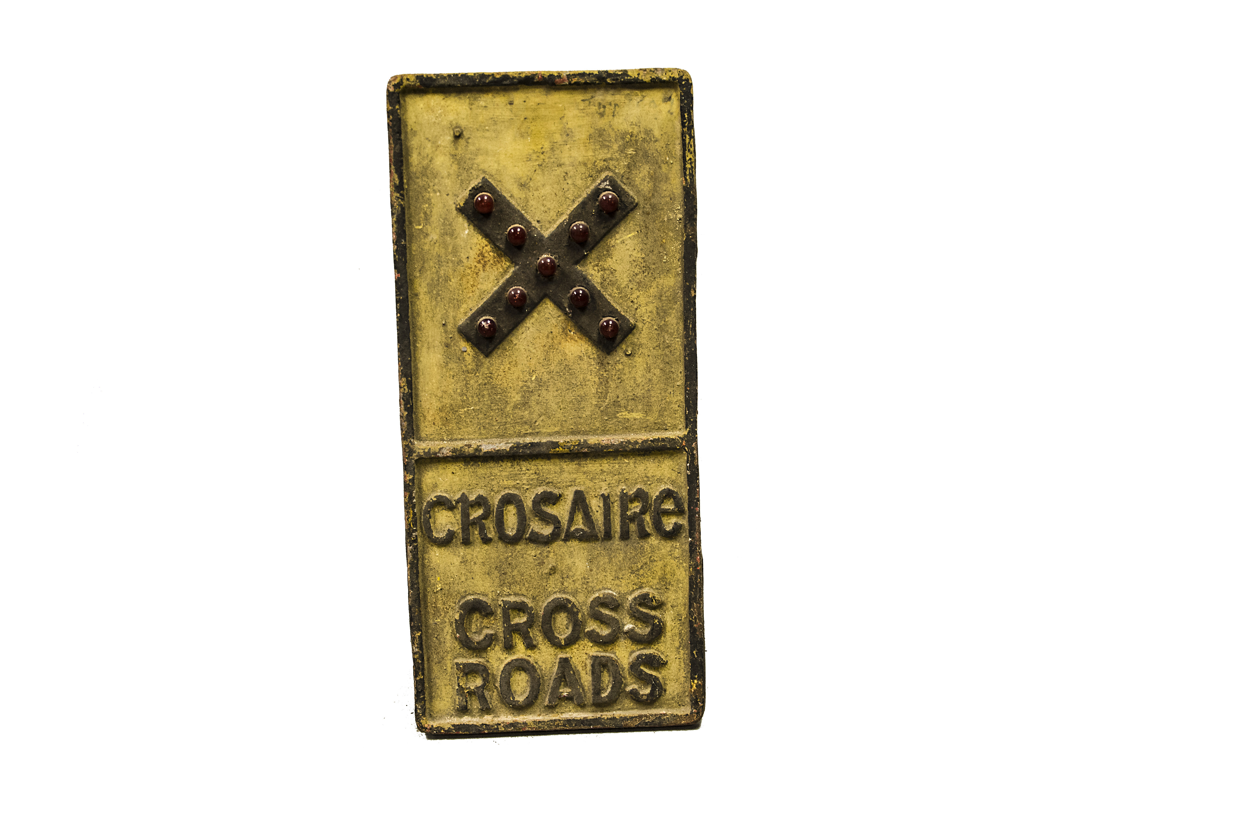 Republic of Ireland Cross Roads Sign, a cast iron example black on yellow inset with red