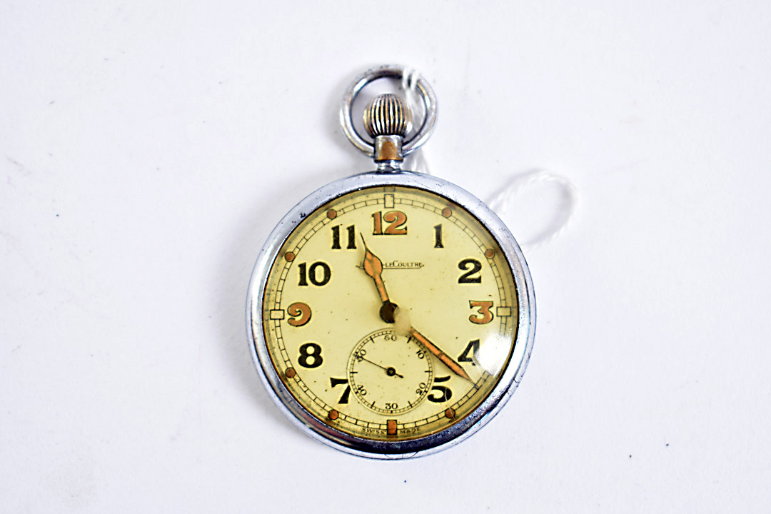 A Military issue Jaeger Le Coultre open faced pocket watch, with Arabic numerals and second hand