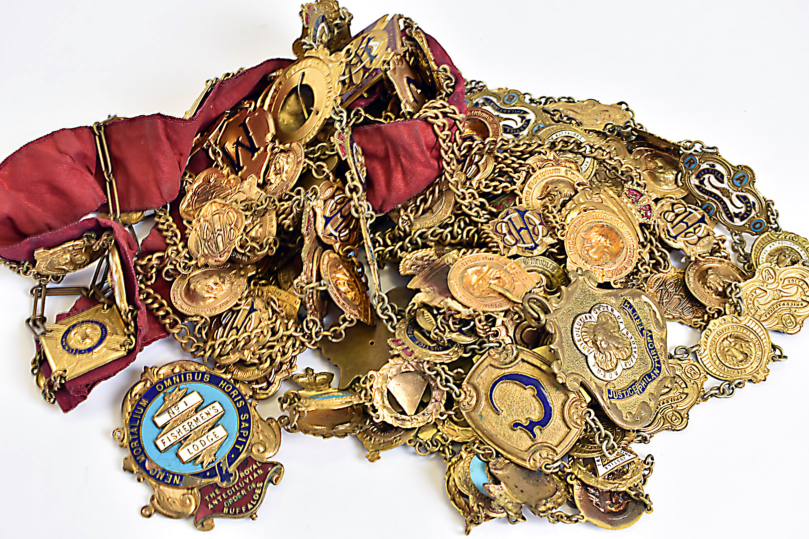 A collection of 18 R.A.O.B sash chains, including G.H Davies lodge No.6184, Grand Lodge of