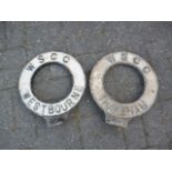 Original Finger Post Circular Village Name Signs, two cast iron WSCC pierced signs Thakeham and