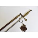 A Masonic sword by Barton, having wire bound grip, flared cross guard, leading to a 71cm long