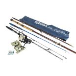 Fishing Rods & Reel, three rods, an antique eight foot solid bamboo rod, a telescopic rod Sea Hawk