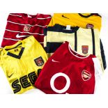 Arsenal Football Shirts, five adult shirts (large and one medium) yellow Sega, Fly Emirates, red O2,