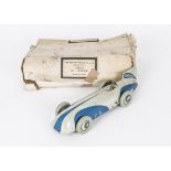 A Chad Valley Harborne 10003 clockwork Racing Car in Trade Box, tinplate grey and blue Racer, length