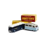 Dinky Toys 283 B.O.A.C Coach, dark blue body, white roof, mid-blue hubs, 295 Atlas Bus, light blue