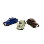 Dinky Toys 39b Oldsmobile Sedan, three examples, first brown body, second violet blue body, third