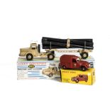 French Dinky Toys 893 Unic Sahara Pipe Transporter, beige body, white roof, pierced trailer, six