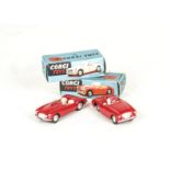 Corgi Toys 300 Austin Healey Sports Car, red body, 302 M.G.A Sports Car, red body, both flat spun