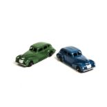 Dinky Toys 39e Chrysler Royal Sedan, two examples, first green body, second blue body, both black