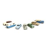 Dinky Toy Cars, 40a Riley Saloon, dark green body, black ridged hubs, 40b Triumph 1800 Saloon,