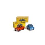 French Dinky Toys 24l Vespa 400 2cv, two examples, first blue body, grey roof, second orange body,