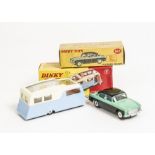 A Dinky Toys 165 Humber Hawk, black and green body, spun hubs, 117 Four Berth Caravan, light blue/