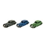 Dinky Toys 39e Chrysler Royal Sedan, three examples, first green body, second blue body, third