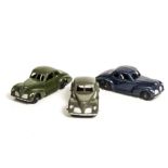 Dinky Toys 39f Studebaker, three examples, first olive green body, second dark blue body, third dark
