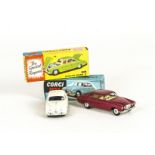 Corgi Toys 208 Jaguar 2.4 Litre Saloon, white body, flat spun hubs, 238 Jaguar Mark X, metallic