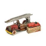 A Mettoy Tinplate Clockwork Fire Engine, large scale model with three firemen and extending