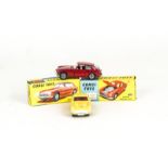 Corgi Toys 218 Aston Martin DB4, yellow body, red interior, cast criss-cross wheels, 327 M.G.B GT,