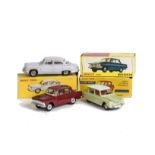 French Dinky Toy Cars, 557 Citroen Ami 6, pale green body, grey roof, 547 Panhard PL17, violet body,