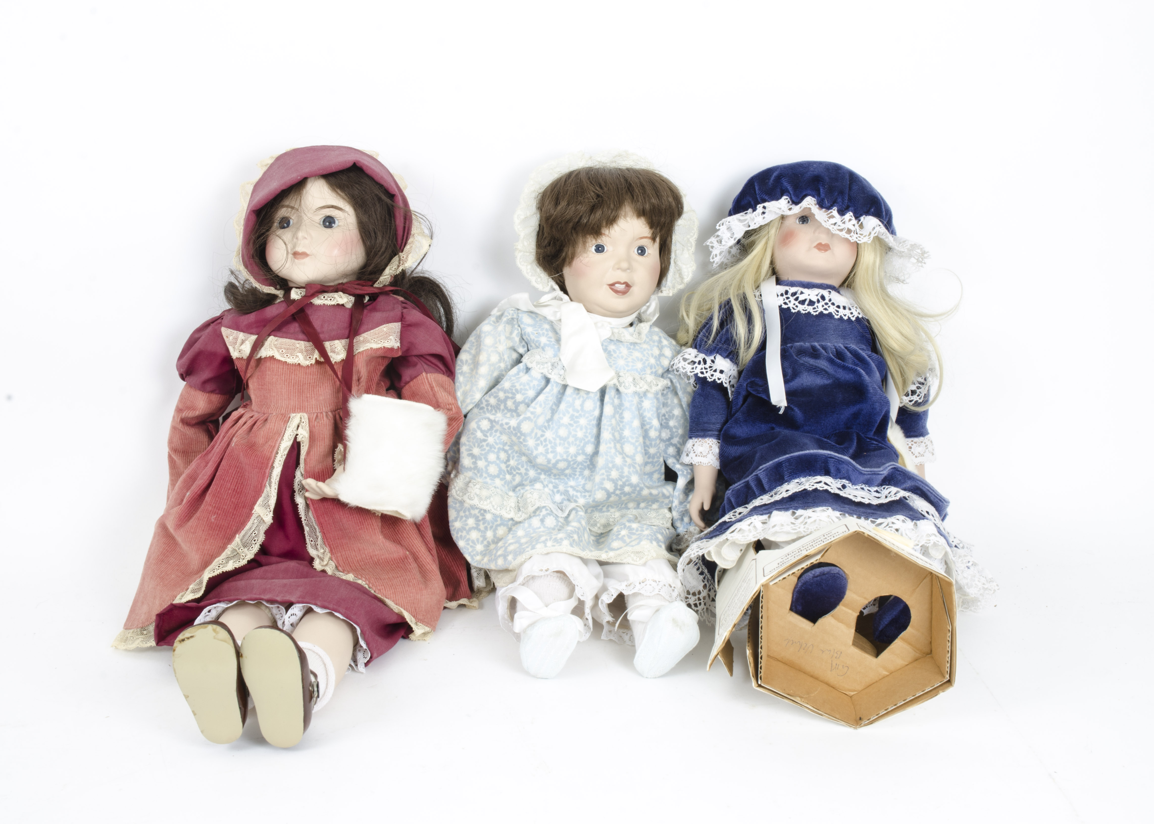 A collection of eight 1970s-1980s Alresford Crafts China Headed Dolls, CD 6 Man doll Albert?, CD 22,