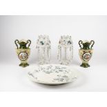 A pair of late Victorian frosted glass lustres , of multilobed form with hand painted decoration