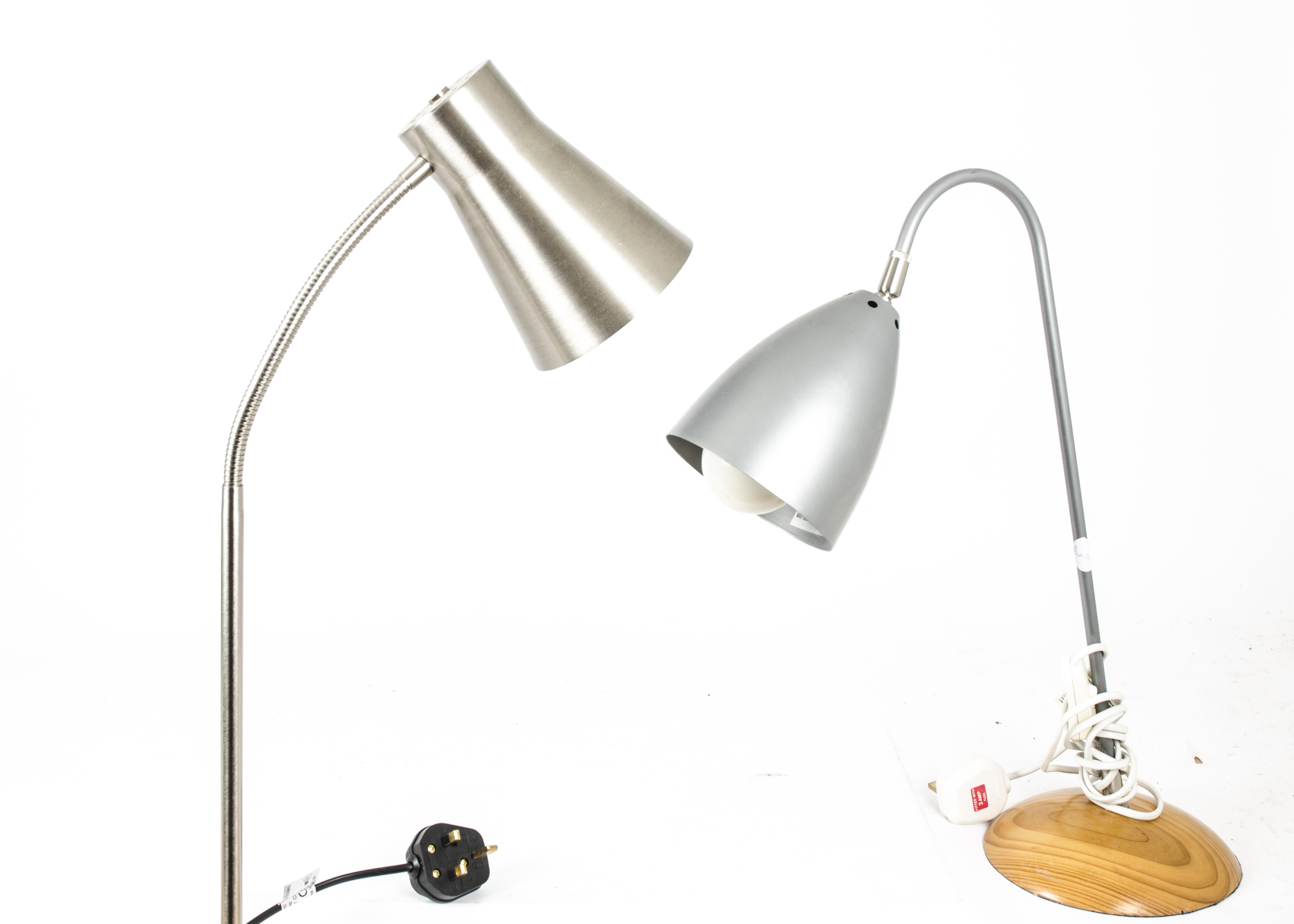 Contemporary Desk Lamp and Standard Spot Lamp, an adjustable metal desk lamp on wooden plinth (