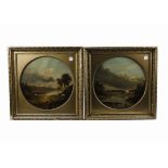 A pair of 19th Century circle oils on canvases, rural landscapes with cows drinking in a stream,