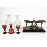 A collection of antique items to include a Mary Gregory type cranberry glass tumbler and some