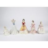 Six Royal Doulton lady figures, including 'Amy' HN3854, 'Tender Moment' HN3303, 'Finishing Touch'