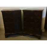 A pair of contemporary mahogany serpentine front chest of drawers, cross banded tops with four
