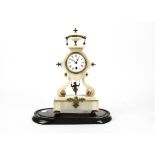 W Steward' an alabaster mantel clock, with enamelled dial and roman numerals, surmounted by an urn