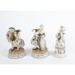 Three Jean Gille of Paris 19th Century bisque ware figures in 18th Century dress, the factory was in