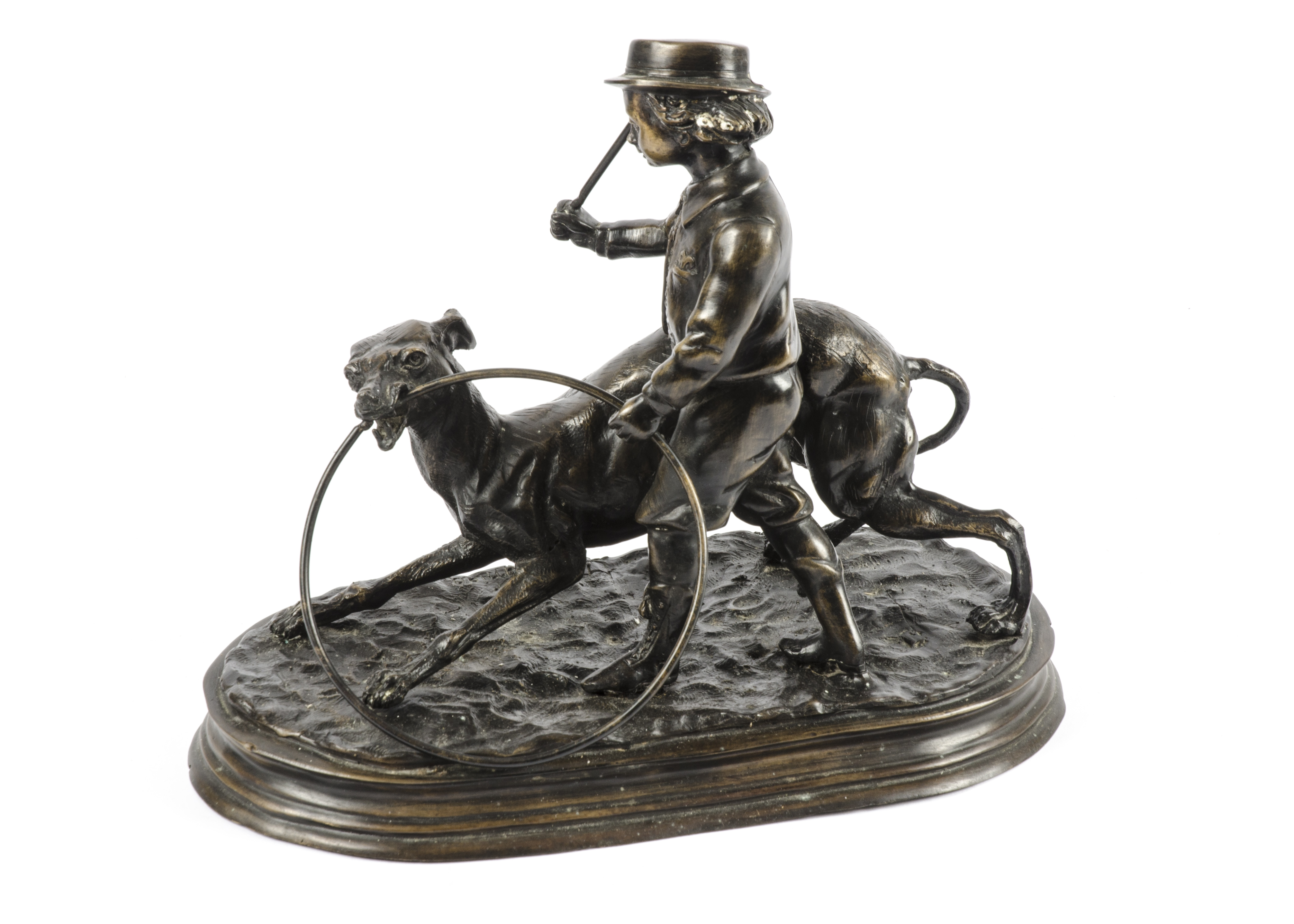 A 19th Century animalier school bronze sculpture of a boy playing with a greyhound, cast from a