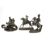 Three Heredities bronze effect cast resin figures, including a David Geenty Cavalry Hussar Dragoon -