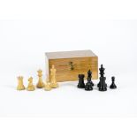 A complete set of Jacques Staunton chess pieces, in a treen box measuring 17cm x 12cm (32+box)
