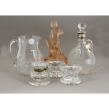 A selection of 20th Century glassware, including a transparent glass port decanter, with silver