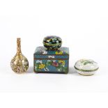 A Chinese cloisonné box on four feet, with peony and crab apple decoration: in combination these