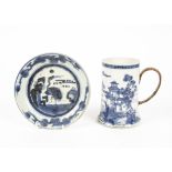 A Chinese export ware blue and white tankard with cane covered handle, the underglaze decoration