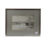 A late 19th/early 20th Century maritime pencil drawing, of moored ships, signed (lower right) '