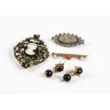 A gold bar brooch, Victorian brooch, garnet earrings and costume brooch (4)