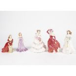 Five Royal Doulton Figurines, HN4971 Amethyst February, HN3689 Jacqueline, HN4053 Joy, HN4114