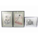 A group of pictures of Asian interest, including two tinted woodblock prints of figures amongst