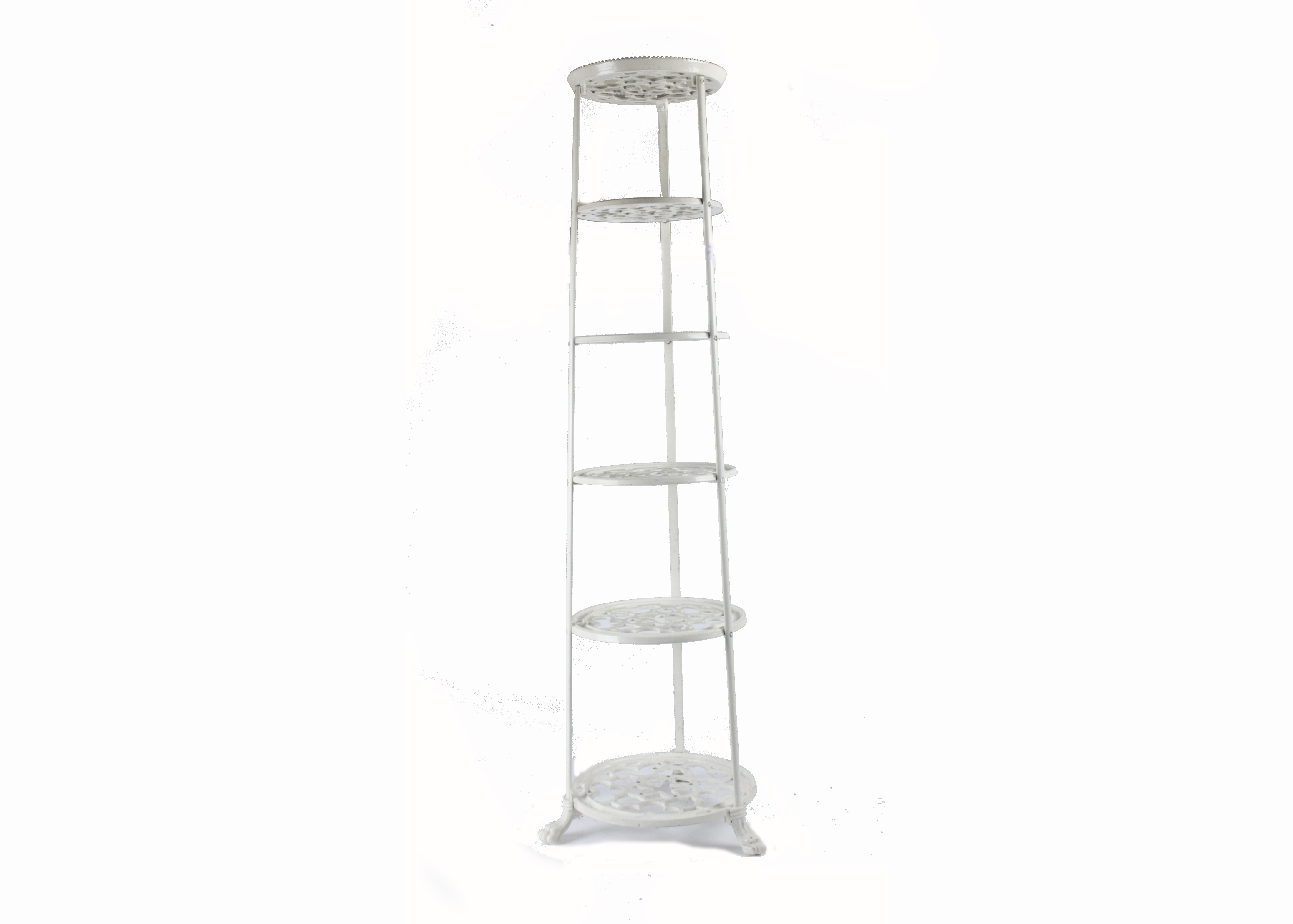 A cast metal six-tier pan stand, with pierced detailing, supported on three claw feet, height 122cm