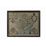 A John Speed map, the cartographer and historian detailing Monmouth, framed and glazed, in a